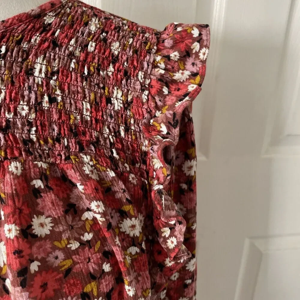 Knox Rose Womens Top Medium Cottage Core Boho Floral‎ Ruffle Hippie Shirred Pink